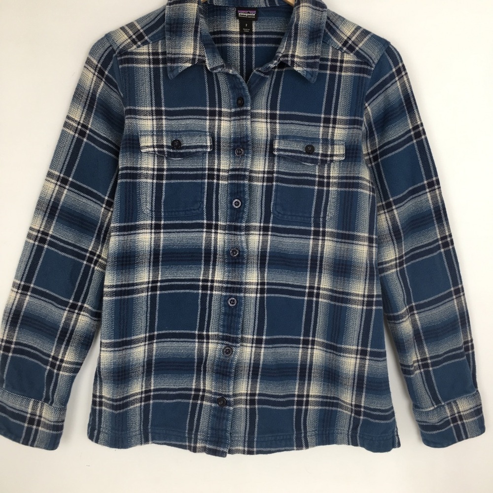 Patagonia Women's Fjord Flannel Button Up Shirt Organic Cotton Blue Plaid Sz 2 - Picture 3 of 12